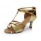 Women's Gold Leatherette Satin Heels Sandals Latin Salsa With T-Strap Buckle Dance Shoes D602006