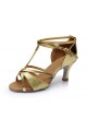 Women's Gold Leatherette Satin Heels Sandals Latin Salsa With T-Strap Buckle Dance Shoes D602006