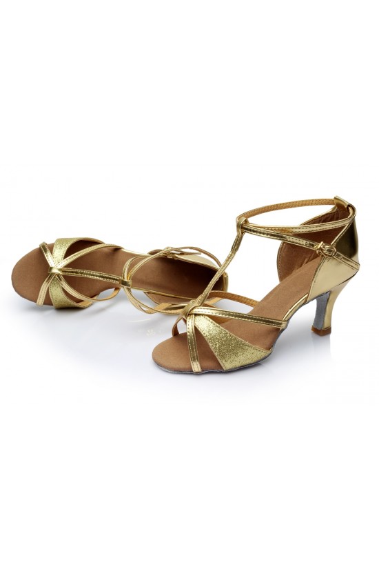 Women's Gold Leatherette Satin Heels Sandals Latin Salsa With T-Strap Buckle Dance Shoes D602006