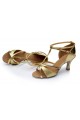 Women's Gold Leatherette Satin Heels Sandals Latin Salsa With T-Strap Buckle Dance Shoes D602006