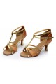 Women's Brown Leatherette Satin Heels Sandals Latin Salsa With T-Strap Buckle Dance Shoes D602007