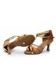 Women's Brown Leatherette Satin Heels Sandals Latin Salsa With T-Strap Buckle Dance Shoes D602007