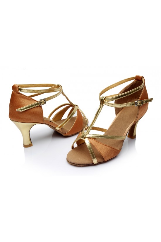 Women's Brown Leatherette Satin Heels Sandals Latin Salsa With T-Strap Buckle Dance Shoes D602007