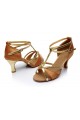 Women's Brown Leatherette Satin Heels Sandals Latin Salsa With T-Strap Buckle Dance Shoes D602007