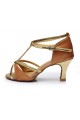 Women's Brown Leatherette Satin Heels Sandals Latin Salsa With T-Strap Buckle Dance Shoes D602007