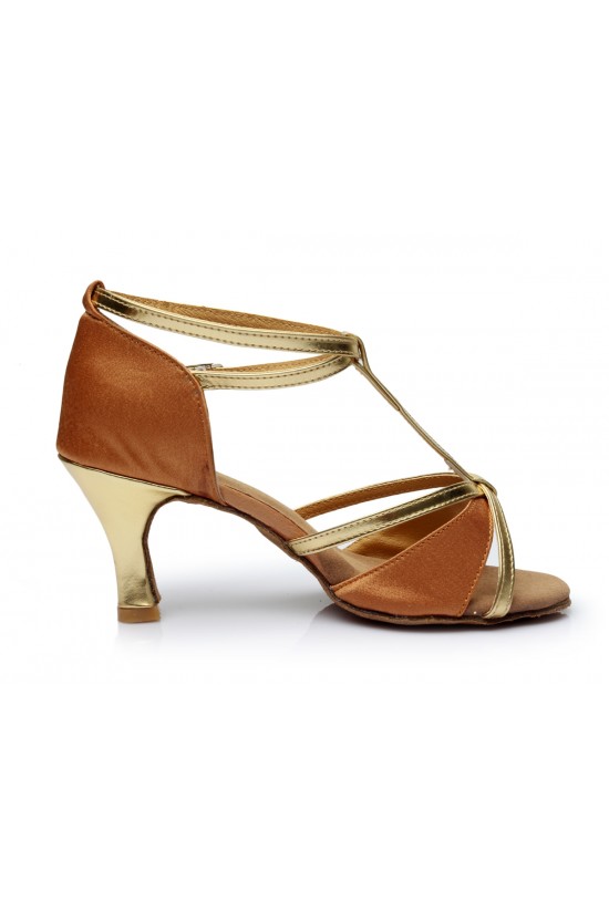 Women's Brown Leatherette Satin Heels Sandals Latin Salsa With T-Strap Buckle Dance Shoes D602007