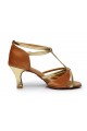 Women's Brown Leatherette Satin Heels Sandals Latin Salsa With T-Strap Buckle Dance Shoes D602007