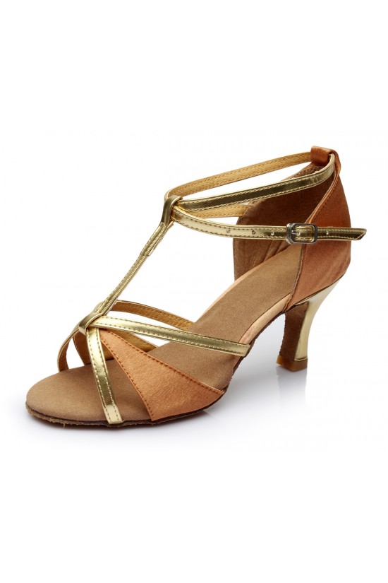 Women's Brown Leatherette Satin Heels Sandals Latin Salsa With T-Strap Buckle Dance Shoes D602007