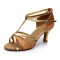 Women's Brown Leatherette Satin Heels Sandals Latin Salsa With T-Strap Buckle Dance Shoes D602007