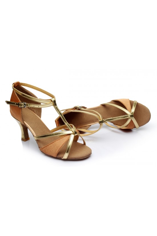 Women's Brown Leatherette Satin Heels Sandals Latin Salsa With T-Strap Buckle Dance Shoes D602007