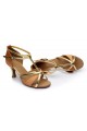 Women's Brown Leatherette Satin Heels Sandals Latin Salsa With T-Strap Buckle Dance Shoes D602007