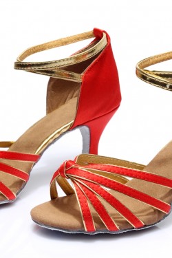Women's Red Gold Satin Heels Sandals Latin Salsa With Ankle Strap Dance Shoes D602008