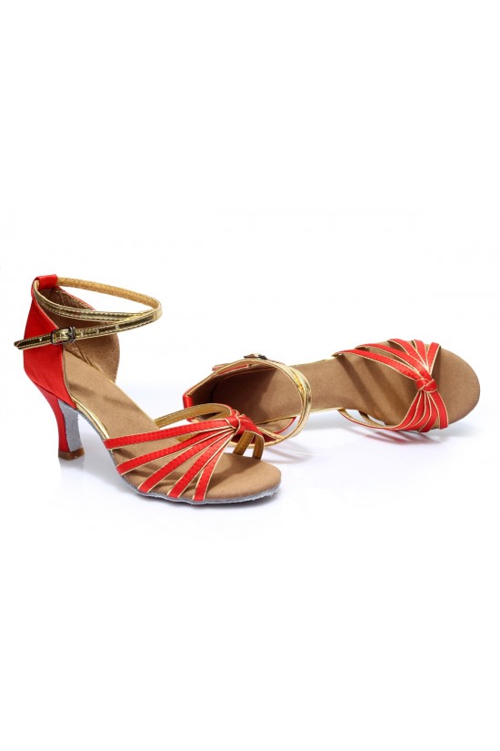 Women's Red Gold Satin Heels Sandals Latin Salsa With Ankle Strap Dance Shoes D602008