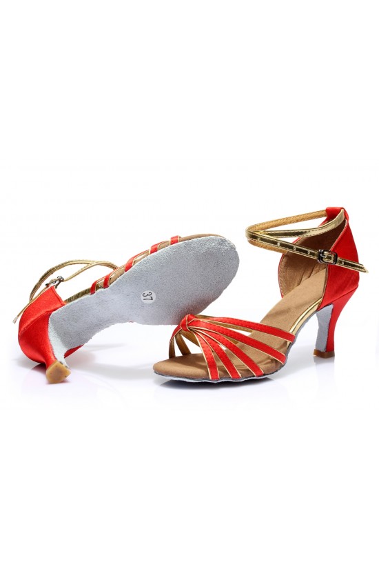 Women's Red Gold Satin Heels Sandals Latin Salsa With Ankle Strap Dance Shoes D602008