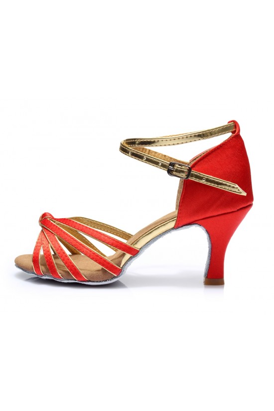 Women's Red Gold Satin Heels Sandals Latin Salsa With Ankle Strap Dance Shoes D602008