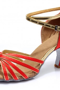 Women's Red Gold Satin Heels Sandals Latin Salsa With Ankle Strap Dance Shoes D602008
