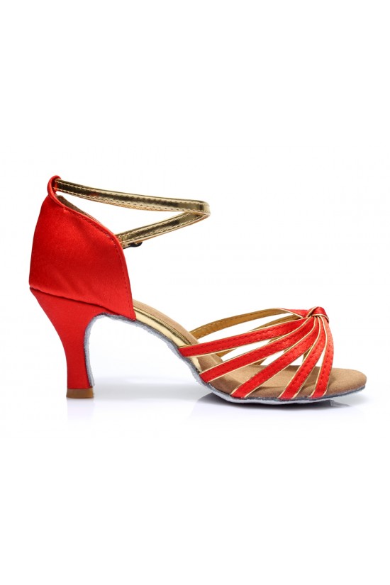 Women's Red Gold Satin Heels Sandals Latin Salsa With Ankle Strap Dance Shoes D602008