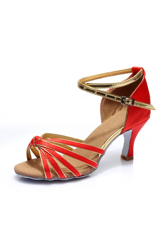 Women's Red Gold Satin Heels Sandals Latin Salsa With Ankle Strap Dance Shoes D602008