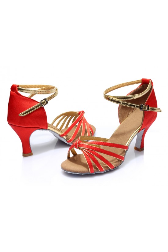 Women's Red Gold Satin Heels Sandals Latin Salsa With Ankle Strap Dance Shoes D602008