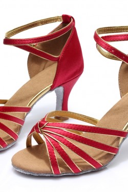 Women's Fuschia Gold Satin Heels Sandals Latin Salsa With Ankle Strap Dance Shoes D602009