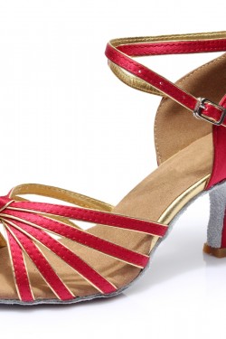 Women's Fuschia Gold Satin Heels Sandals Latin Salsa With Ankle Strap Dance Shoes D602009