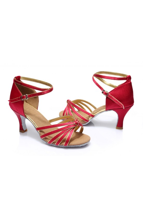 Women's Fuschia Gold Satin Heels Sandals Latin Salsa With Ankle Strap Dance Shoes D602009