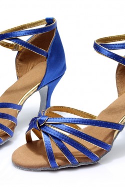 Women's Blue Gold Satin Heels Sandals Latin Salsa With Ankle Strap Dance Shoes D602010