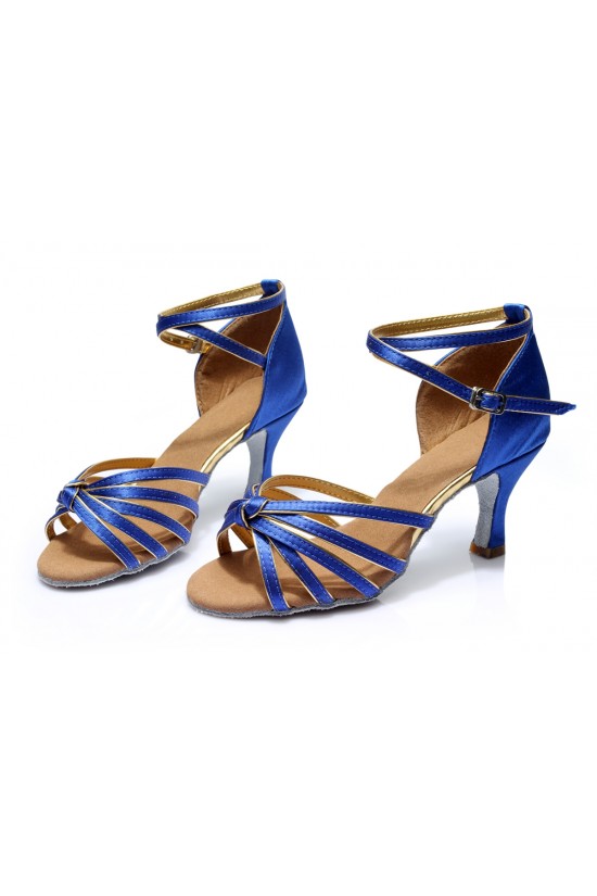 Women's Blue Gold Satin Heels Sandals Latin Salsa With Ankle Strap Dance Shoes D602010