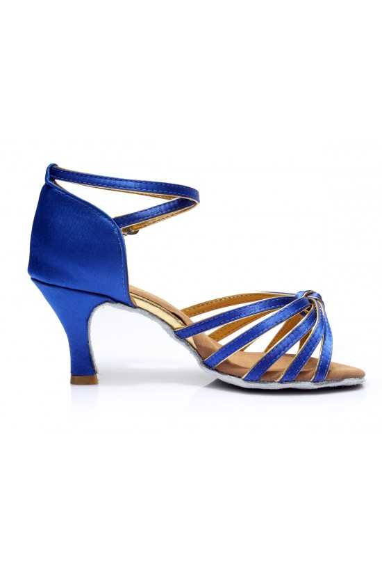 Women's Blue Gold Satin Heels Sandals Latin Salsa With Ankle Strap Dance Shoes D602010