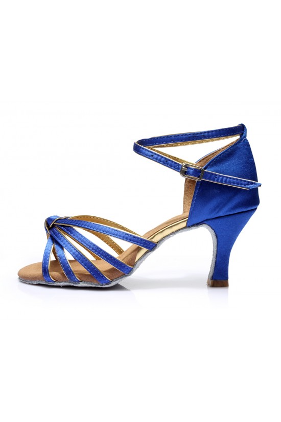 Women's Blue Gold Satin Heels Sandals Latin Salsa With Ankle Strap Dance Shoes D602010