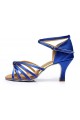 Women's Blue Gold Satin Heels Sandals Latin Salsa With Ankle Strap Dance Shoes D602010