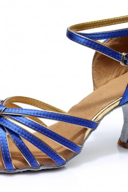 Women's Blue Gold Satin Heels Sandals Latin Salsa With Ankle Strap Dance Shoes D602010