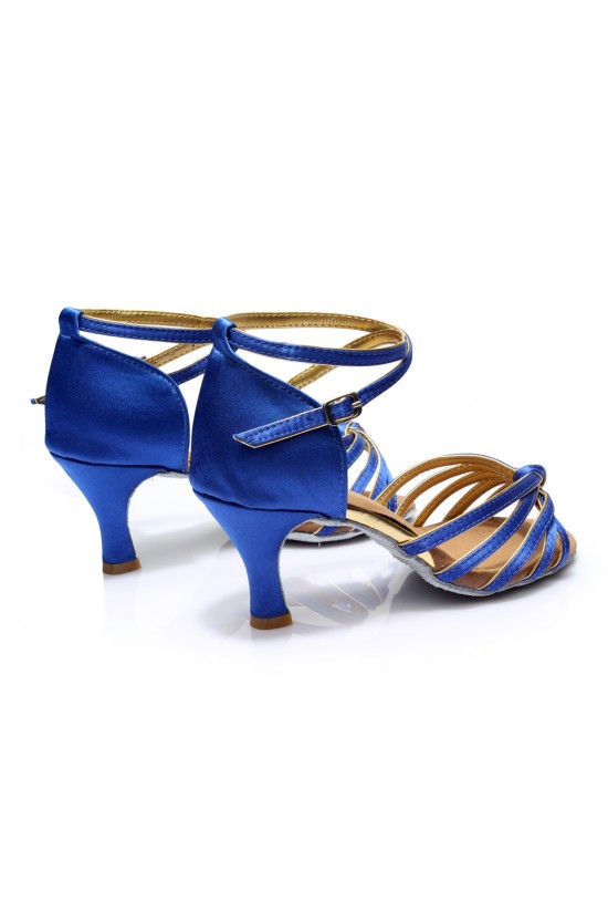 Women's Blue Gold Satin Heels Sandals Latin Salsa With Ankle Strap Dance Shoes D602010
