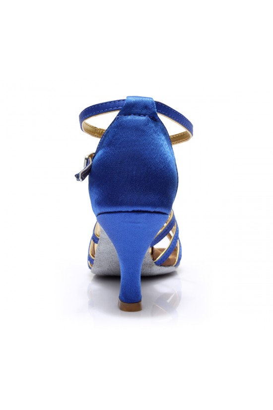 Women's Blue Gold Satin Heels Sandals Latin Salsa With Ankle Strap Dance Shoes D602010