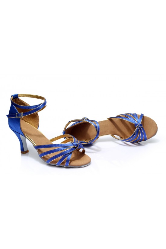 Women's Blue Gold Satin Heels Sandals Latin Salsa With Ankle Strap Dance Shoes D602010