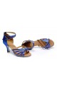 Women's Blue Gold Satin Heels Sandals Latin Salsa With Ankle Strap Dance Shoes D602010