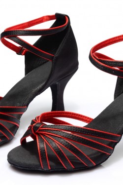 Women's Black Red Satin Heels Sandals Latin Salsa With Ankle Strap Dance Shoes D602011