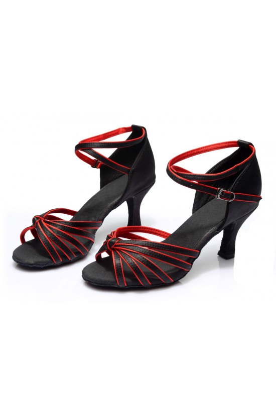 Women's Black Red Satin Heels Sandals Latin Salsa With Ankle Strap Dance Shoes D602011