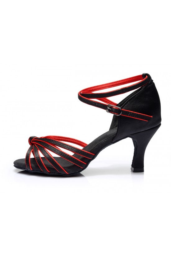 Women's Black Red Satin Heels Sandals Latin Salsa With Ankle Strap Dance Shoes D602011