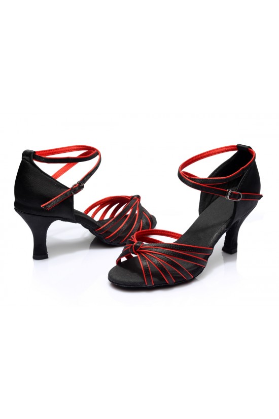 Women's Black Red Satin Heels Sandals Latin Salsa With Ankle Strap Dance Shoes D602011