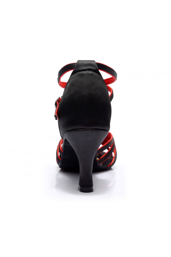 Women's Black Red Satin Heels Sandals Latin Salsa With Ankle Strap Dance Shoes D602011