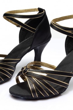 Women's Black Gold Satin Heels Sandals Latin Salsa With Ankle Strap Dance Shoes D602012