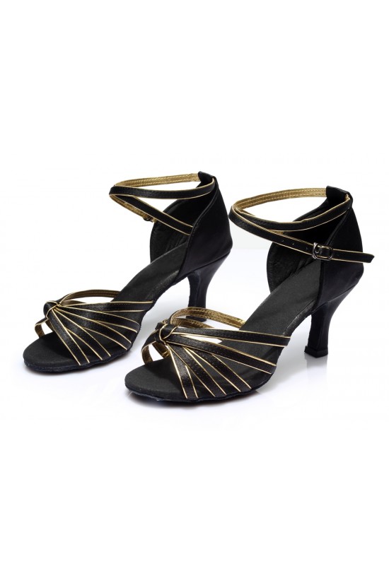 Women's Black Gold Satin Heels Sandals Latin Salsa With Ankle Strap Dance Shoes D602012