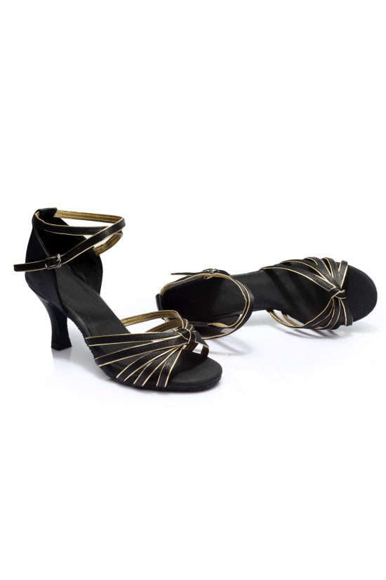 Women's Black Gold Satin Heels Sandals Latin Salsa With Ankle Strap Dance Shoes D602012