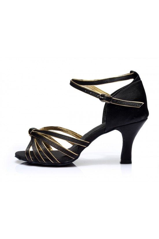 Women's Black Gold Satin Heels Sandals Latin Salsa With Ankle Strap Dance Shoes D602012