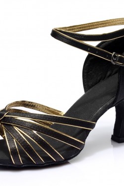 Women's Black Gold Satin Heels Sandals Latin Salsa With Ankle Strap Dance Shoes D602012