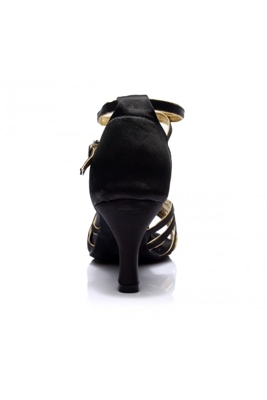 Women's Black Gold Satin Heels Sandals Latin Salsa With Ankle Strap Dance Shoes D602012