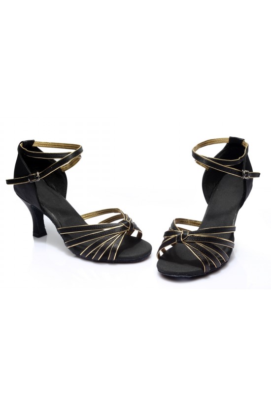 Women's Black Gold Satin Heels Sandals Latin Salsa With Ankle Strap Dance Shoes D602012