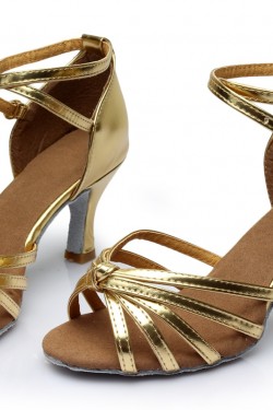 Women's Gold Leatherette Heels Sandals Latin Salsa With Ankle Strap Dance Shoes D602013