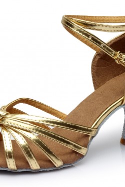 Women's Gold Leatherette Heels Sandals Latin Salsa With Ankle Strap Dance Shoes D602013